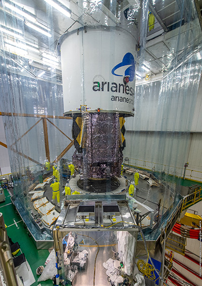 Webb secured inside Ariane 5 fairing. Photo:  ESA/CNES/Arianespace.