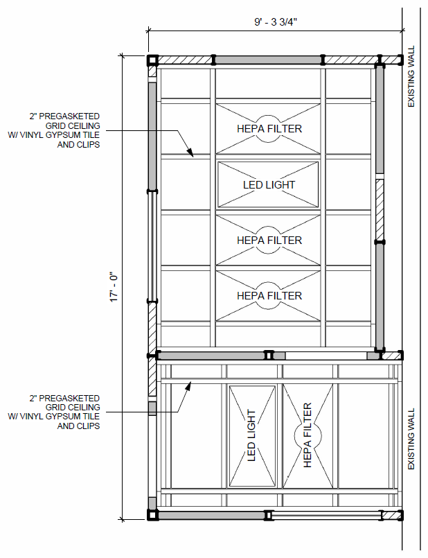 The blueprint for the ceiling, including placement of the HEPA filters and lights, in the cleanroom.